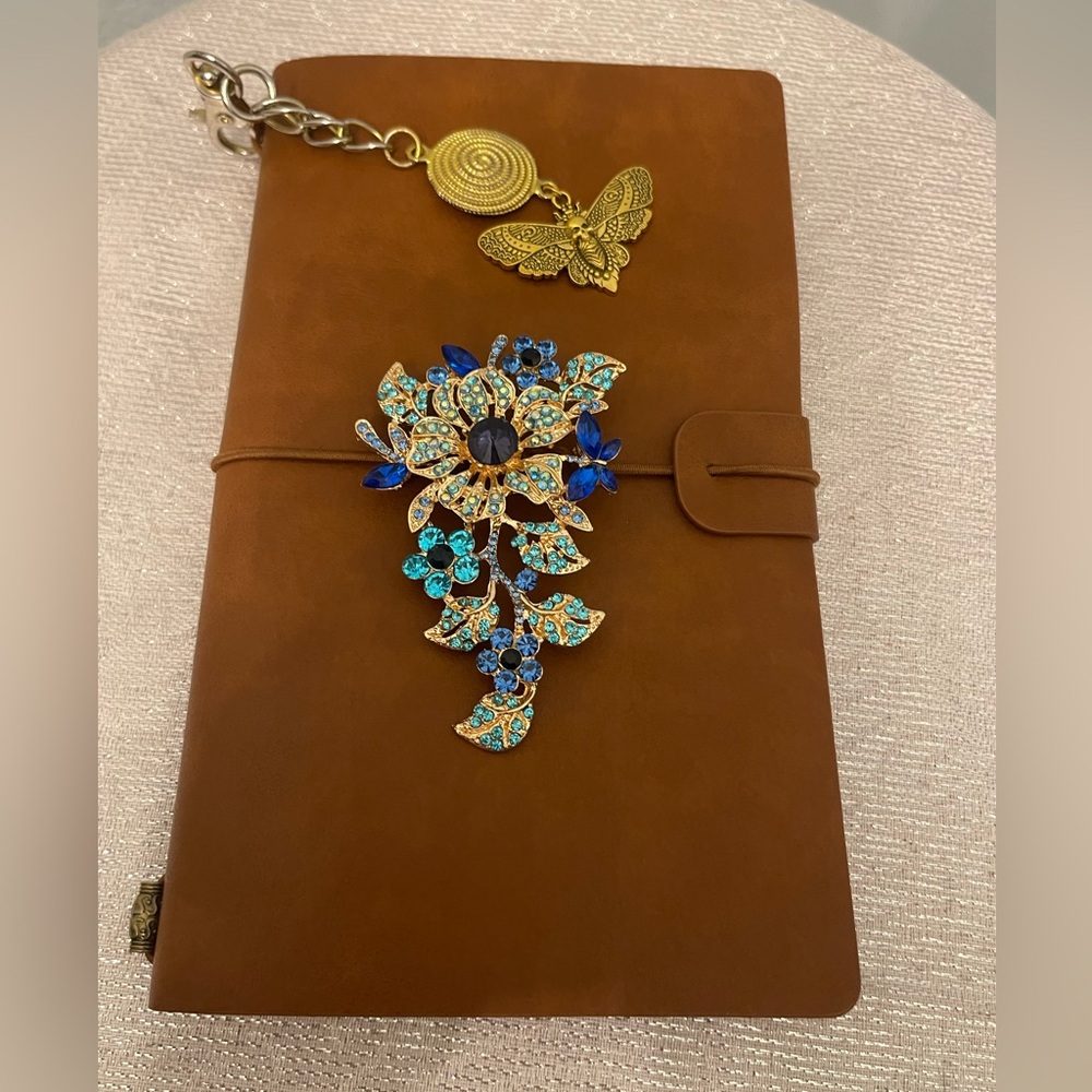 Brown Leather journal with Blue Floral Accent and vintage bits